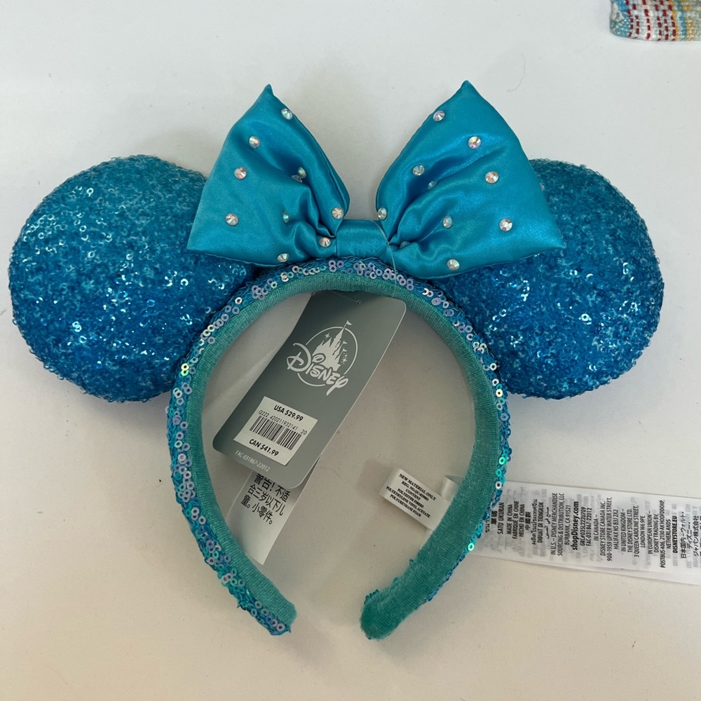 DISNEY PARKS AQUA EARS WITH SPARKLE SATIN BOW NWT